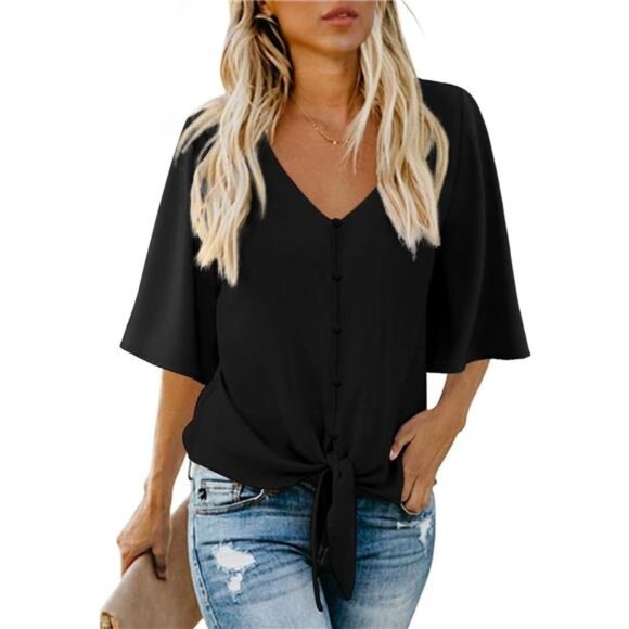 Women's Casual V-Neck Batwing Sleeve Top – Tie-Front Chiffon Blouse - Picture 1 of 5